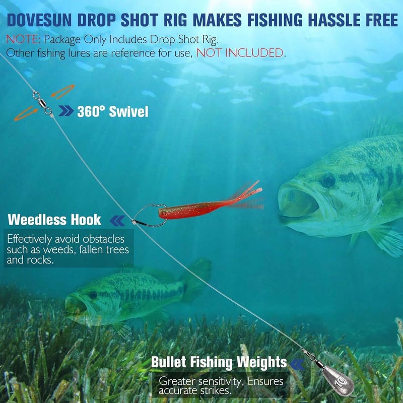 Dovesun 8PCS Ready Tied Drop Shot Rigs for Bass Fishing Drop Shot Hooks Fishing Rig with Drop Shot Weights 1/4OZ 3/8OZ Swivel Fluorocarbon Fishing Line Weedless Hooks 1/0 2/0 - Image 5